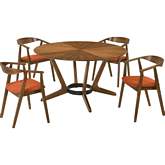 Santana 5 Piece Round Dining Set in Walnut Finish Wood & Orange Fabric