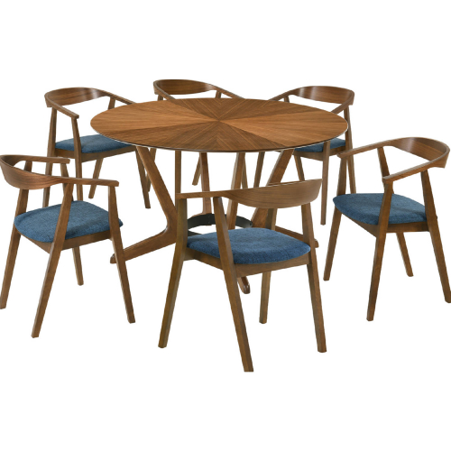 Santana 7 Piece Round Dining Set in Walnut Finish Wood & Blue Fabric