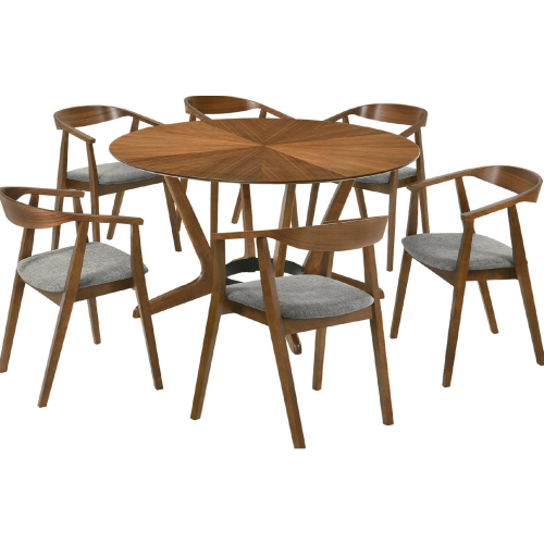Santana 7 Piece Round Dining Set in Walnut Finish Wood & Charcoal Gray Fabric
