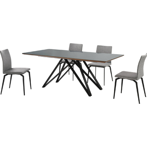 Urbino & Lyon 5 Piece Dining Set in Gray Glass, Black Metal & Gray Fabric