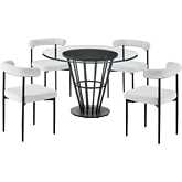 Veronica & Shannon 5 Piece Dining Set in Matte Black Iron, Glass & Gray Fabric