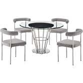 Veronica & Shannon 5 Piece Dining Set in Brushed Stainless Steel, Glass & Light Gray Fabric