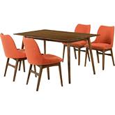 Westmont & Azalea 5 Piece Dining Set in Orange Fabric & Walnut Wood