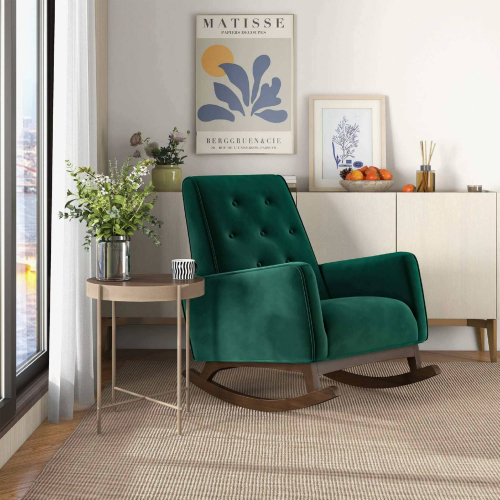 Demetrius Rocking Chair in Tufted Green Velvet & Wood