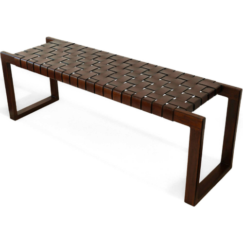 Christina Bench in Woven Cognac Leather & Wood