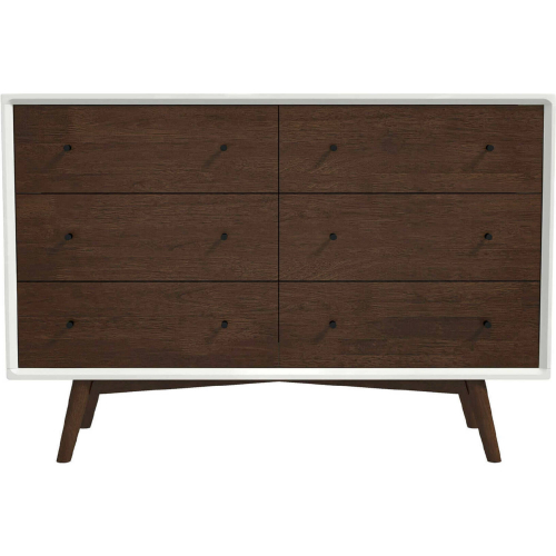 Mid Century Modern 6 Drawer Dresser in White & Walnut Finish Wood