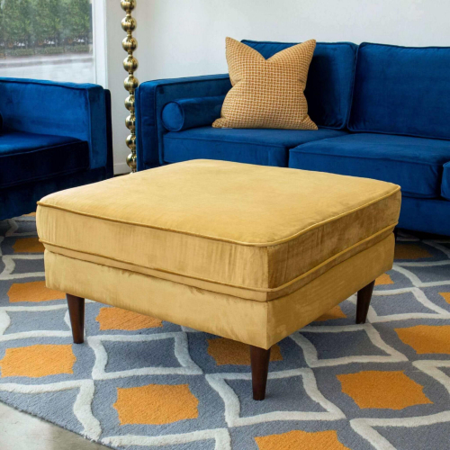 Amber Square Ottoman in Yellow Velvet & Wood