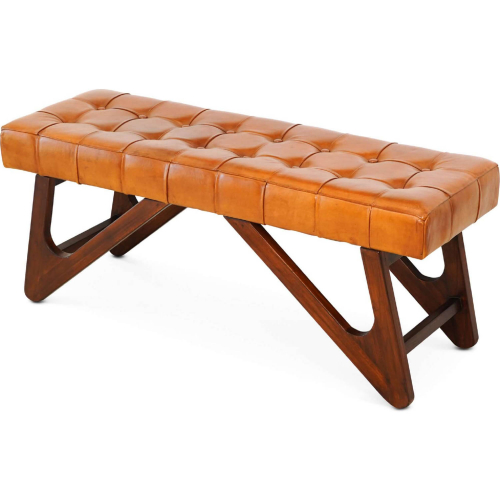Mia Bench in Tufted Tan Leather & Wood