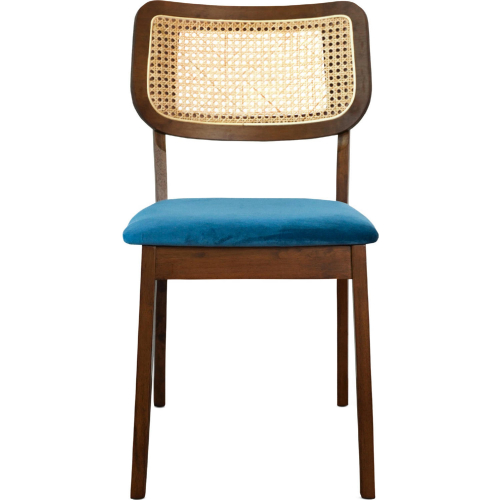 Kaden Dining Chair in Wood, Rattan & Navy Blue Velvet (Set of 2)