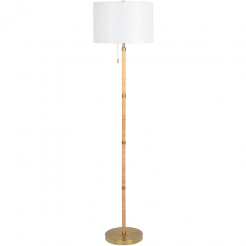 Stellar Floor Lamp in Wood, Rattan, Gold Brass Metal & White Linen Shade