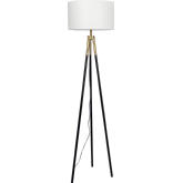 Sway Triple Leg Floor Lamp in Brass Gold, Black Metal & White Fabric Shade