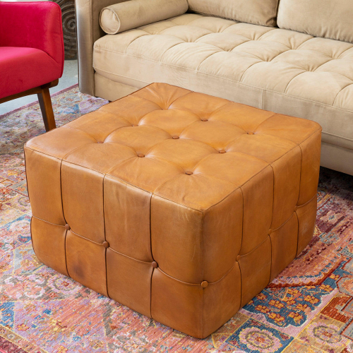 Benjiro Square Ottoman in Tufted Antique Tan Leather