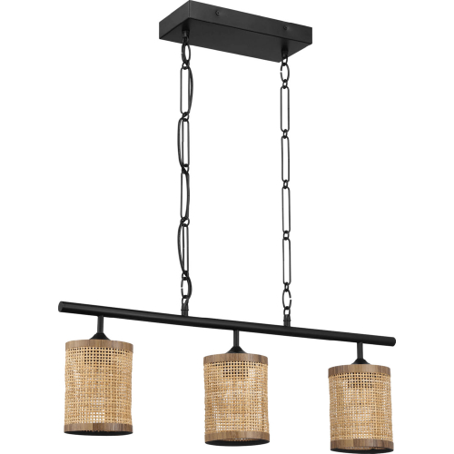 Elysian 3 Light Celling Pendant Light in Black Metal & Natural Rattan