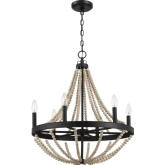 Starry Six Candle Light Chandelier in Wood Beads & Black Metal