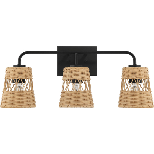 Moonlit 3 Light Wall Sconce in Black Metal & Rattan Shade