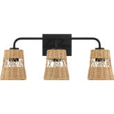 Moonlit 3 Light Wall Sconce in Black Metal & Rattan Shade