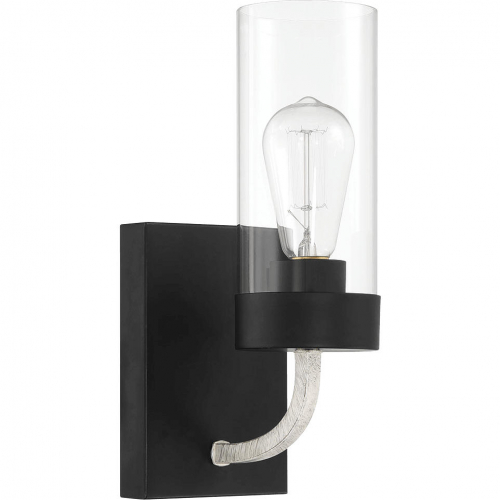 Zephyr 1 Light Wall Sconce in Black Metal, Silver & Clear Glass