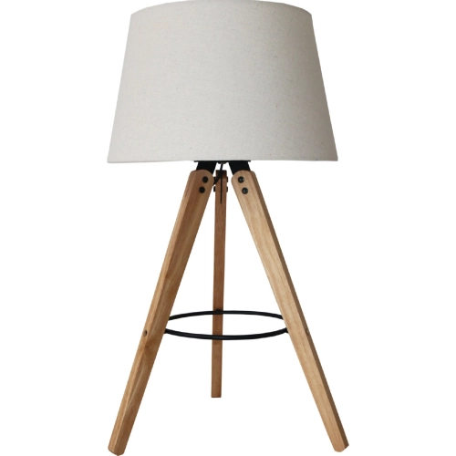 Birch Three Leg Table Lamp in Wood, Black Metal & Linen Fabric