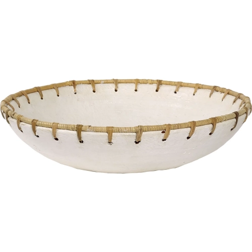 Barcelona Bowl in White Ceramic & Natural Rattan