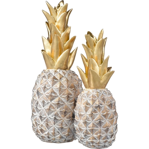 Big Island Pineapple Sculpture 2 Piece Set in Gold & White Wash Resin