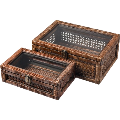 Bowman Box 2 Piece Set in Rich Brown Rattan & Glass