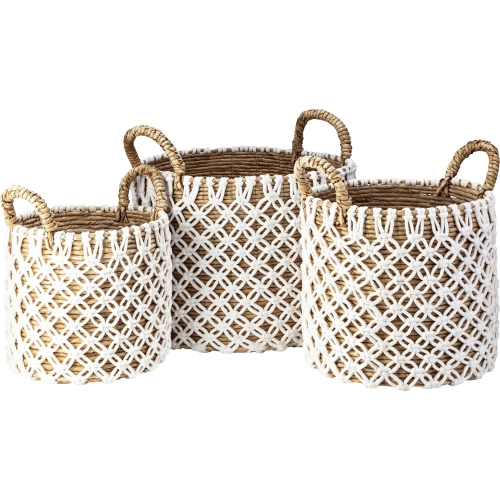 Bradley Banana Leaf Basket 3 Piece Set in Natural Rattan & White Rope