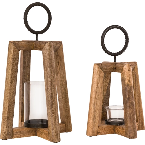 Carmel Lantern 2 Piece Set in Natural Mango Wood, Bronze Iron & Clear Glass