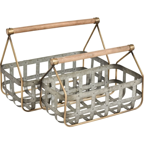 Catcliffe Basket 2 Piece Set in Galvanized & Antique Gold Iron & Natural Fir Wood