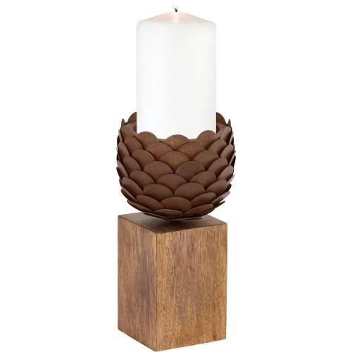 Cone 11" Candleholder in Oil Rubbed Bronze Rust Iron & Mango Wood