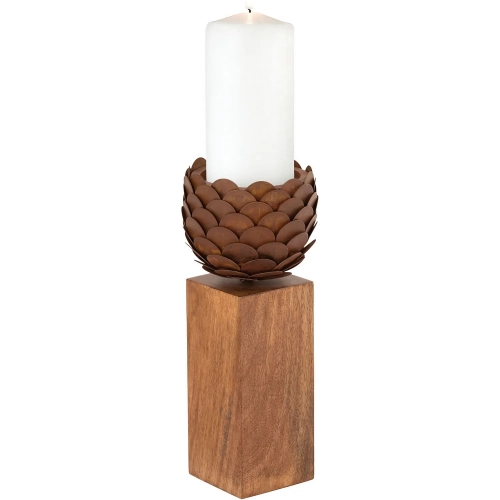 Cone 14" Candleholder in Oil Rubbed Bronze Rust Iron & Mango Wood