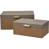Connor Decorative Storage Box 2 Piece Set in Brown & Taupe Vegan Leather & Gold