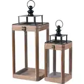 Dowd Lantern 2 Piece Set in Brown Wood, Black Iron & Glass