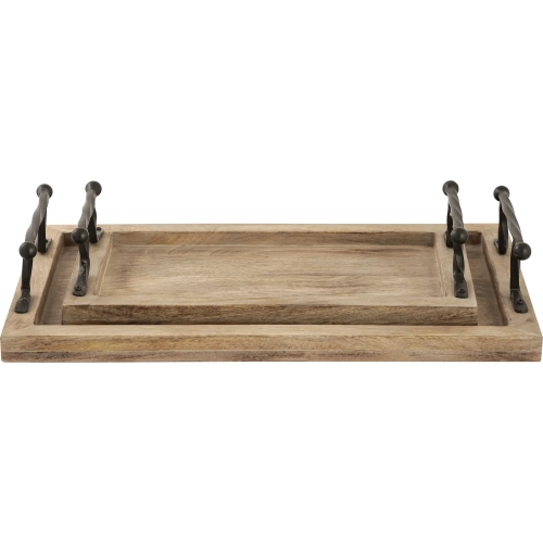 Ellwood Tray 2 Piece Set in Natural Mahogany Wood & Black Iron