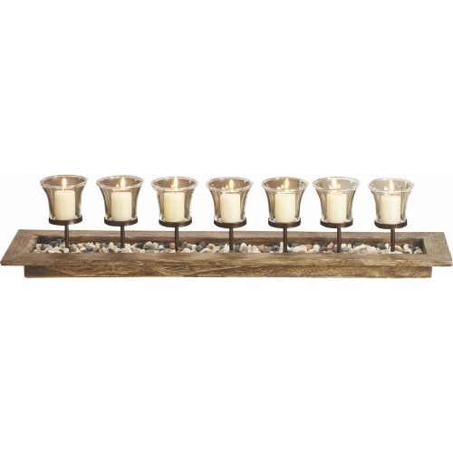 Firenza Candleholder Centerpiece in Natural Wood, Dark Bronze & Clear Glass
