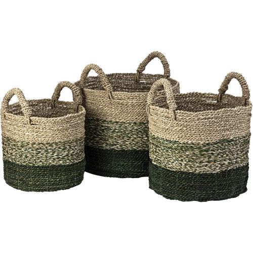 Maton Seagrass Basket 3 Piece Set in Natural & Green Seagrass