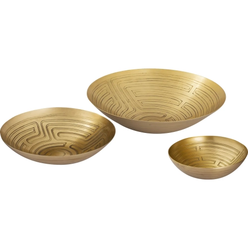 Maze Etched Decorative Bowl 3 Piece Set in Antique Brass Iron