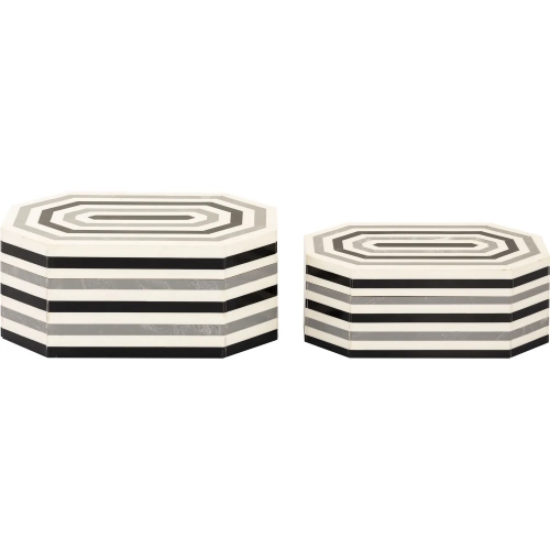 Octagonal Striped Decorative Box 2 Piece Set in White, Gray & Black Resin