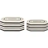 Octagonal Striped Decorative Box 2 Piece Set in White, Gray & Black Resin