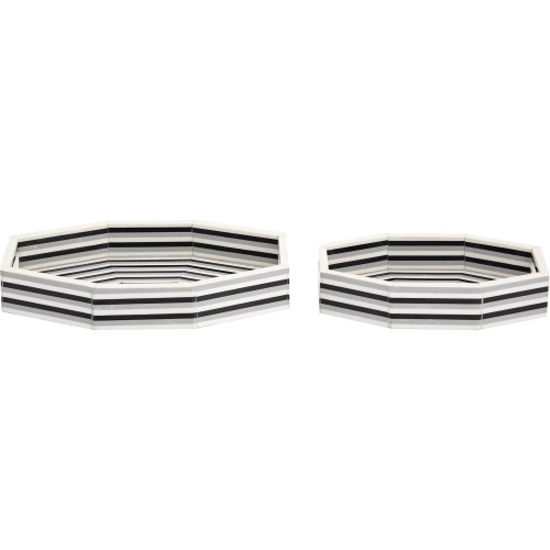 Octagonal Striped Decorative Tray 2 Piece Set in White, Gray & Black Resin