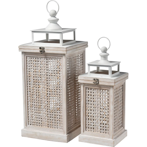 Paley Lantern 2 Piece Set in Weathered White Wood, Bamboo & Metal