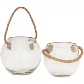Rusa Candleholder 2 Piece Set in Clear Glass & Natural Jute