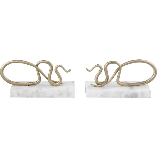 Snake Bookend 2 Piece Set in Polished Brass & White Marble