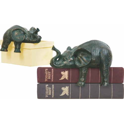 Sprawling Elephant Bookend 2 Piece Set in Green Composite & Aged Bronze