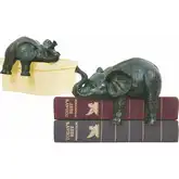 Sprawling Elephant Bookend 2 Piece Set in Green Composite & Aged Bronze