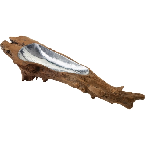 Teak Root Decorative Bowl in Natural Teak & Silver Aluminum