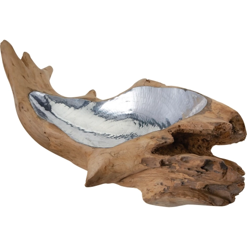 Teak Root Decorative Bowl in Natural Teak & Silver Aluminum