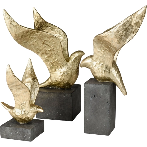 Winged Bird Sculpture 3 Piece Set in Gold & Aged Black Resin