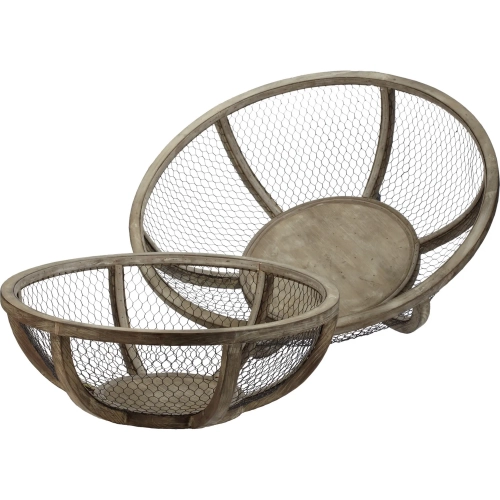 Wire Atlas Decorative Bowl 2 Piece Set in Antique Zinc Metal & Natural Wood