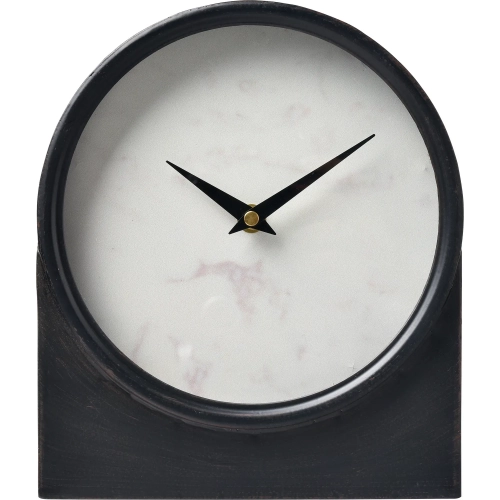 Jonah Table Clock in White Marbleized Glass & Black Metal
