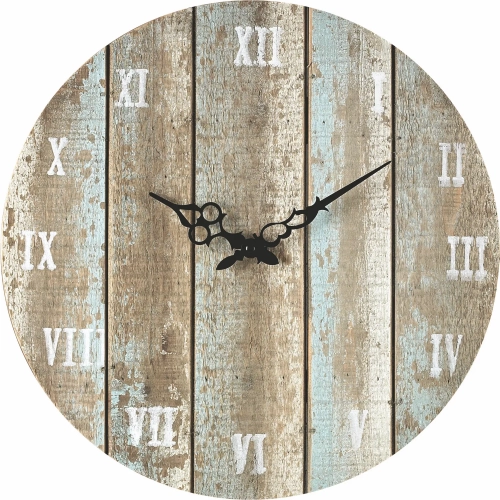 Wooden Roman Wall Clock in Weathered Blue Wood & Black Iron